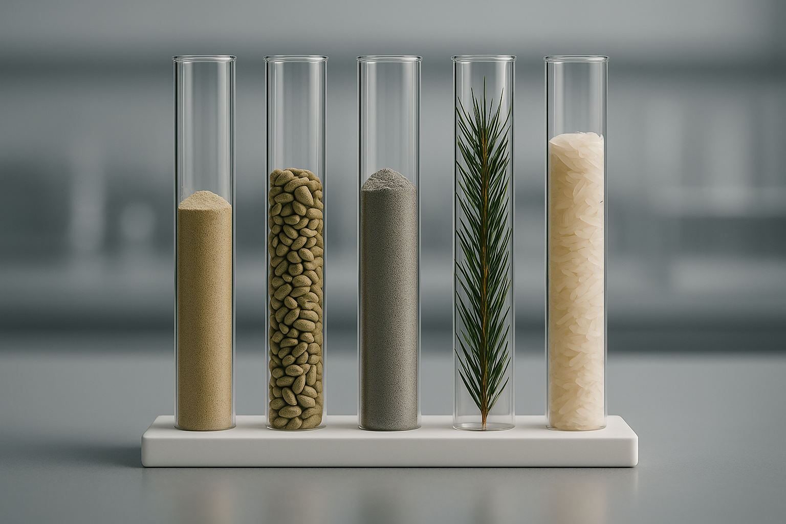 Natural materials used in brake pad formulations: cashew shells, hemp seeds, coconut shell, pine needles, and rice